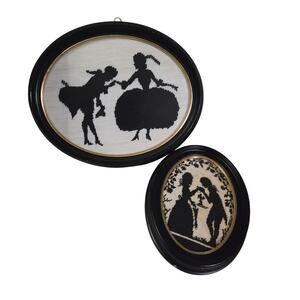 Vintage Set 2 Cross Stitch Silhouette Art Oval Framed Romance Hand Kissing